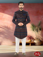 Joban Fashion Men's Blue Base ( Multi-Colour ) Straight Velvet Thread And Sequence Embroidary All Over Indo-Western Kurta Set | Grocsy