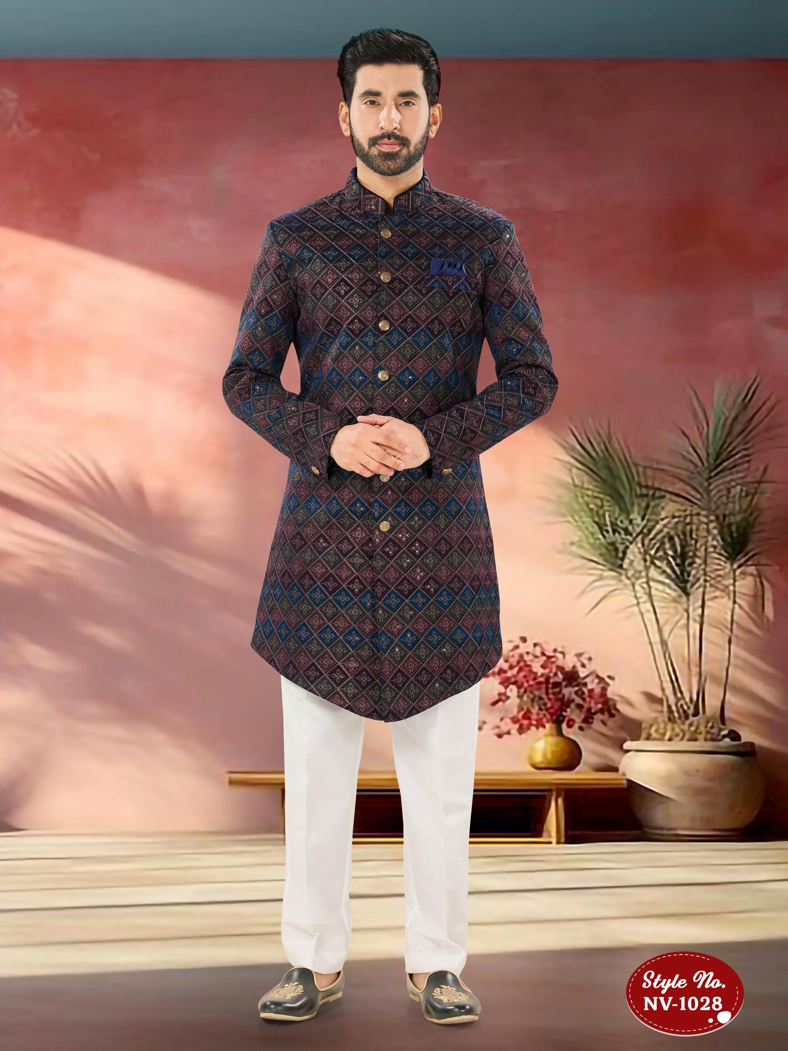 Joban Fashion Men's Blue Base ( Multi-Colour ) Straight Velvet Thread And Sequence Embroidary All Over Indo-Western Kurta Set | Grocsy