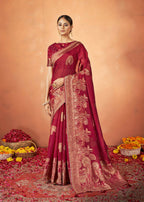 Red Kanjivaram two tone Silk Woven Design Saree With Unstitched Blouse Piece - Norita Royal Pradha | Grocsy