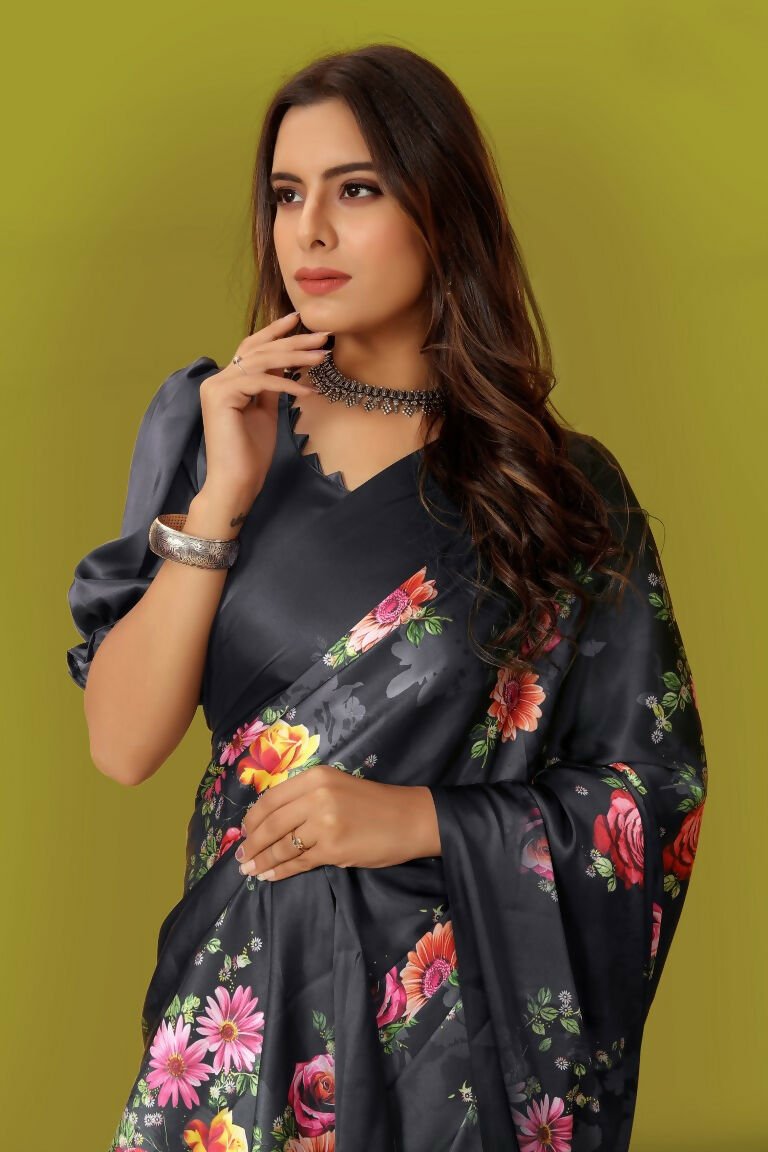 Aayaa Designer Printed Satin Saree - Multi Color | Grocsy