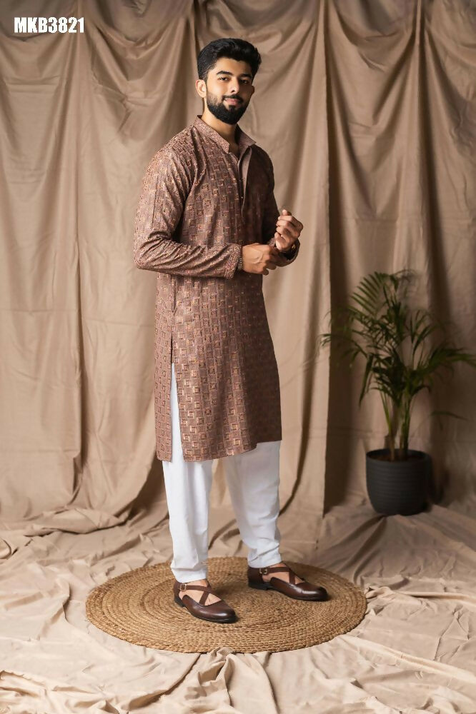 Brown Rayon Thread Embroidery Work Kurta Set - Mahotsav | Grocsy