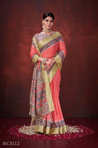 Red Poly Habotai Silk Foil Print Saree with Unstitched Blouse - Kathari | Grocsy