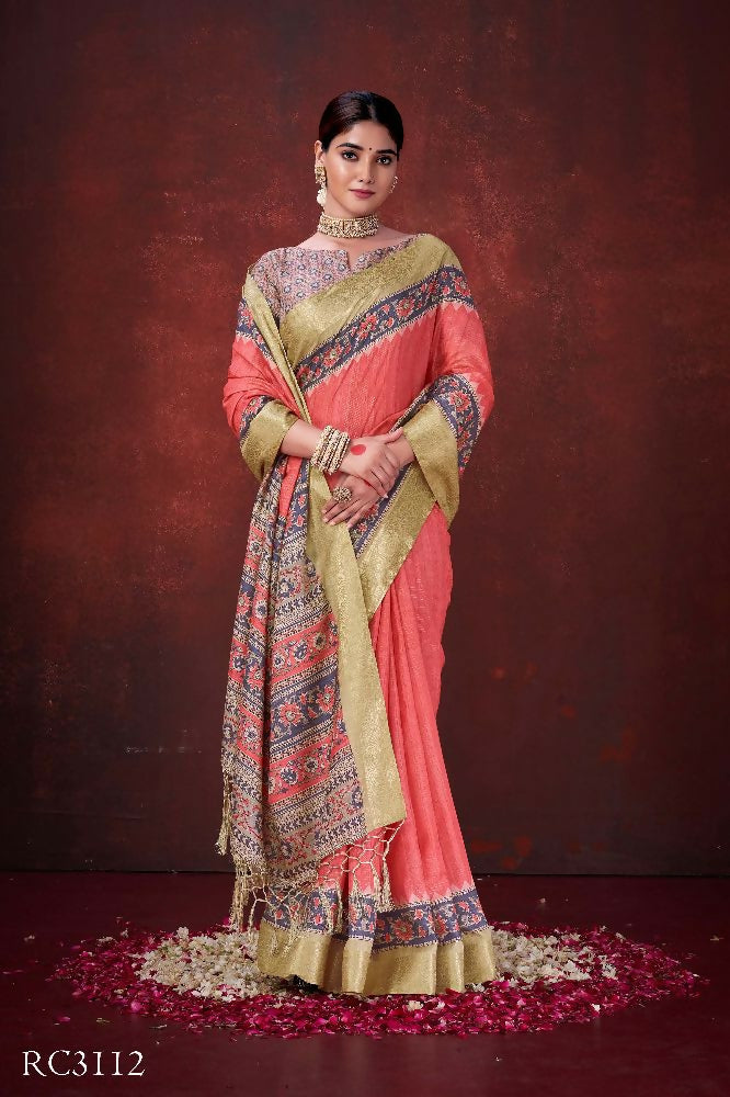 Red Poly Habotai Silk Foil Print Saree with Unstitched Blouse - Kathari | Grocsy