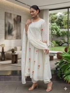 Teeya Creation Elegant White Straight Kurti Pant Set With Rose Motif Embroidery For Women | Grocsy