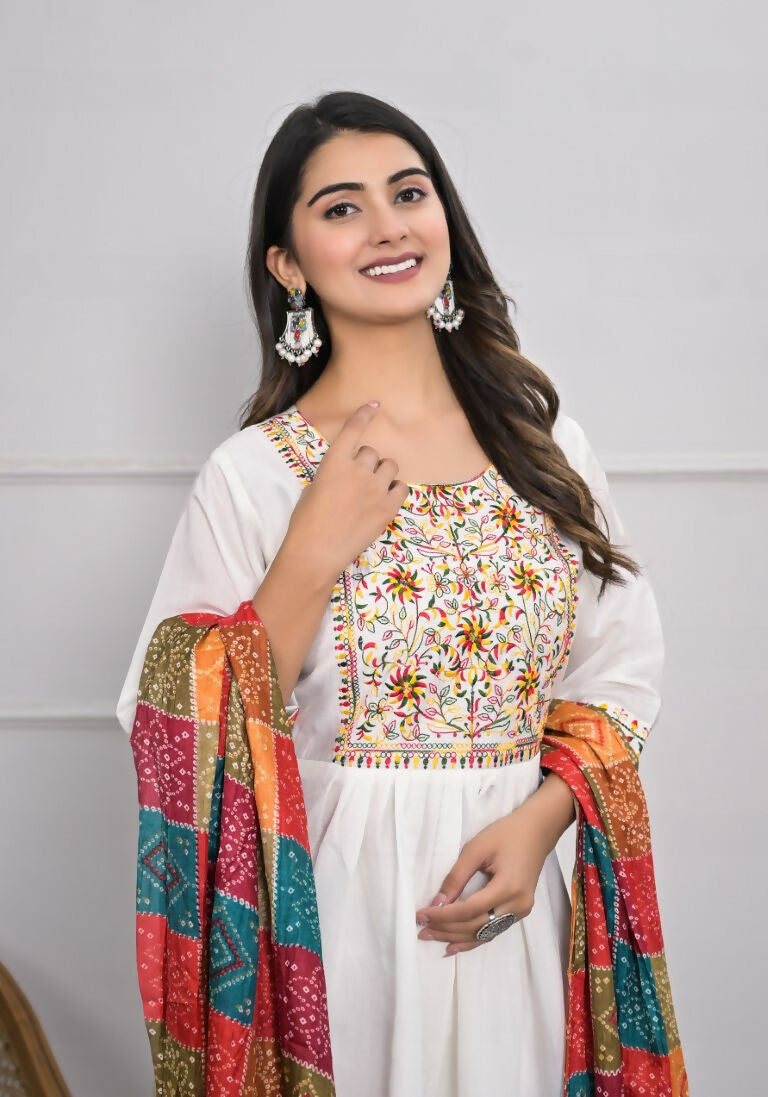 White Viscose Silk Embroidery with Thread and sequence Stitched Suit With Dupatta - Tanisha | Grocsy