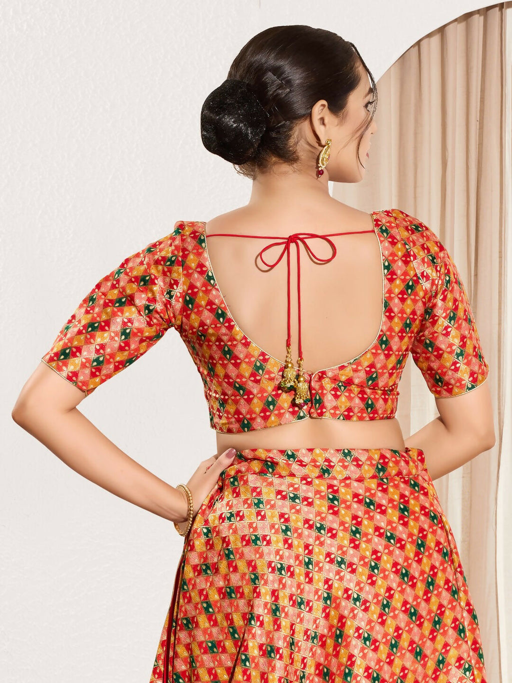 Joban Fashion Red Jacquard Padded Blouse With Round Neck Elbow Sleeves | Grocsy