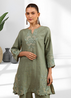 Joban Fashion Pista Green Linen Embroidered Readymade Cord Set | Grocsy