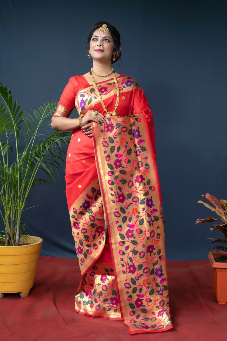 Jyoti Fashion Women's Red Paithani Silk Zari Woven Saree with Blouse | Grocsy