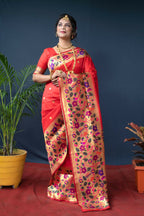 Jyoti Fashion Women's Red Paithani Silk Zari Woven Saree with Blouse | Grocsy