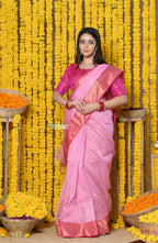 Very Much Indian Rajsi - Handloom Ari Checks Cotton Silk Saree With Golden Border - Pink | Grocsy