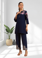 Joban Fashion Navy Blue Cotton, Linen Embroidered Readymade Cord Set | Grocsy
