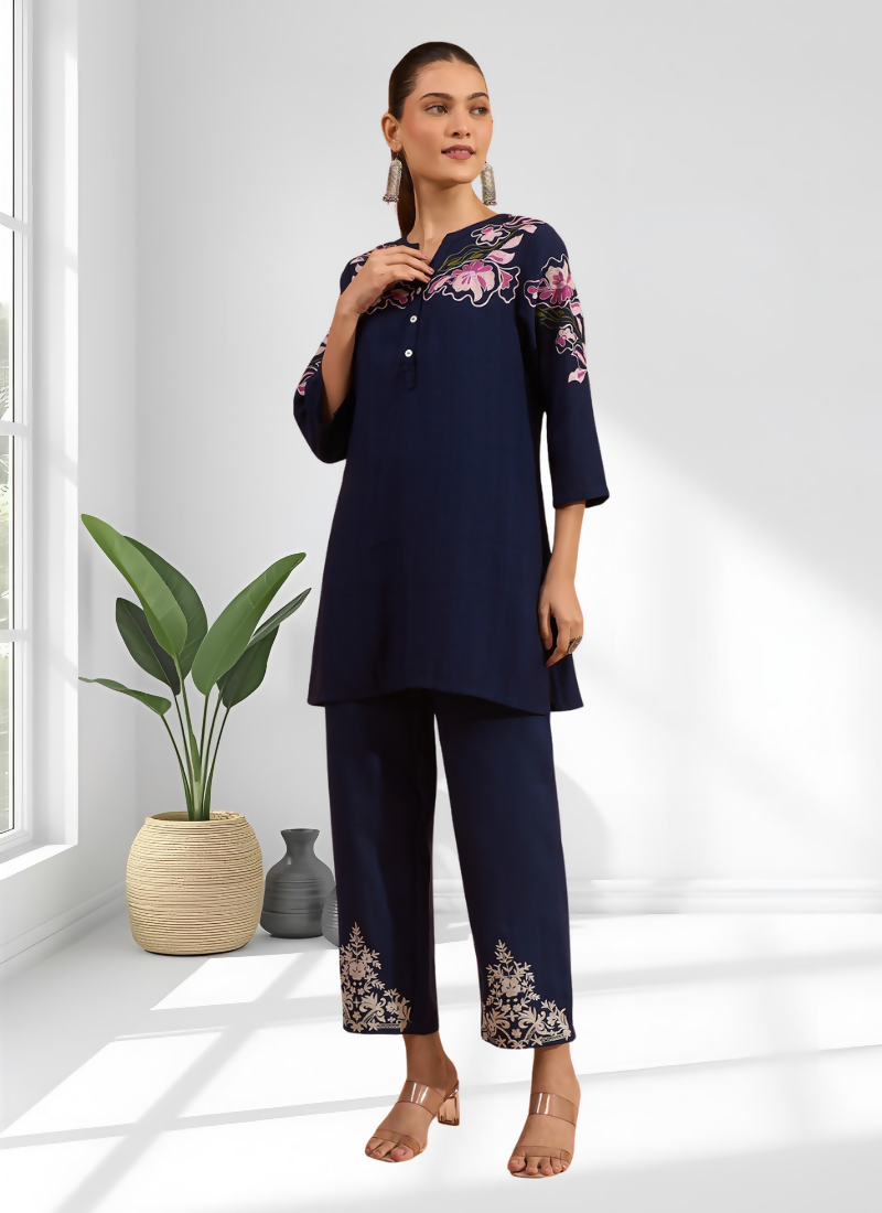Joban Fashion Navy Blue Cotton, Linen Embroidered Readymade Cord Set | Grocsy