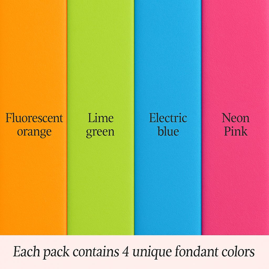 Confect Multipack of Fluorescent Orange, Lime green, electric blue and Neon Pink Sugarpaste 08 | Grocsy