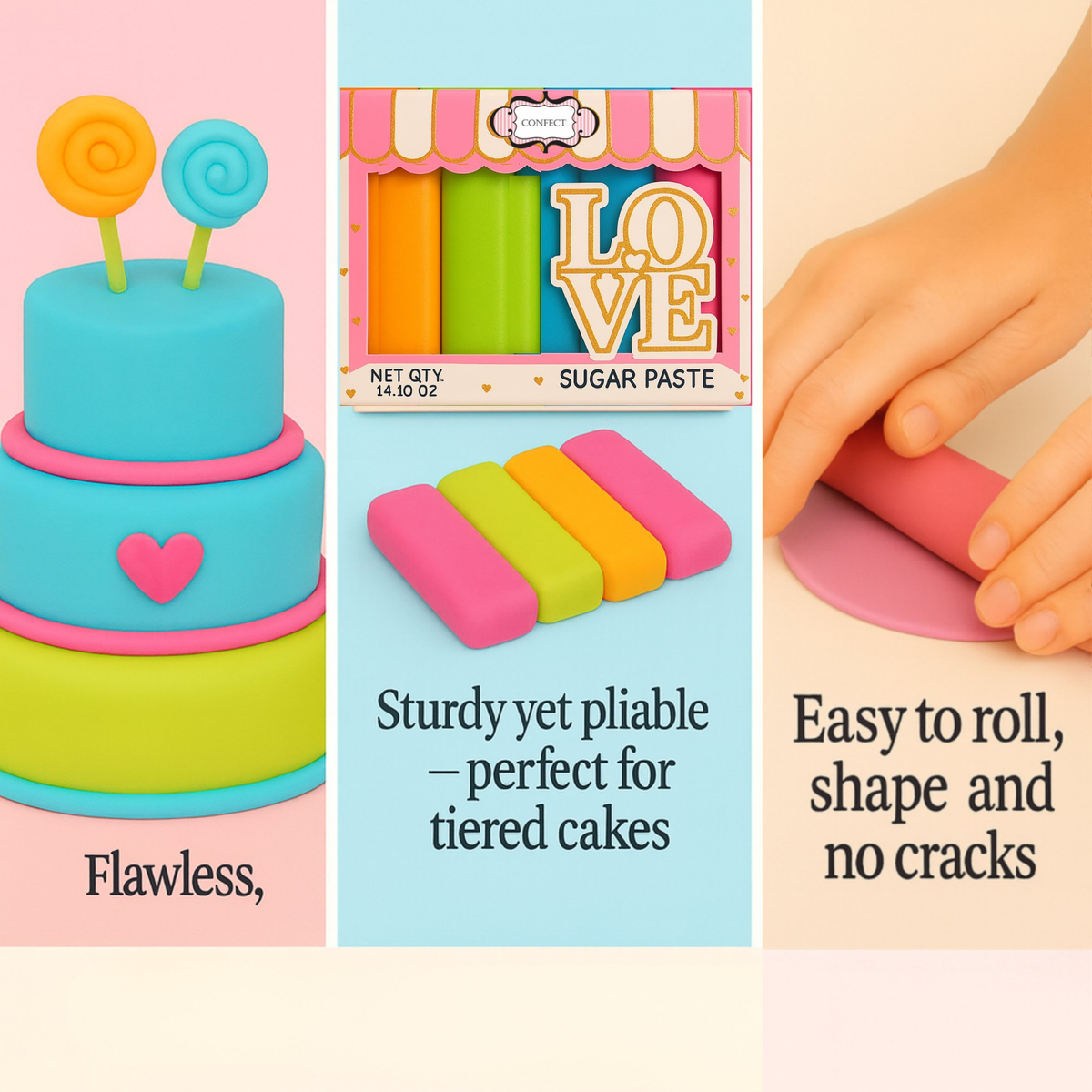 Confect Multipack of Fluorescent Orange, Lime green, electric blue and Neon Pink Sugarpaste 08 | Grocsy