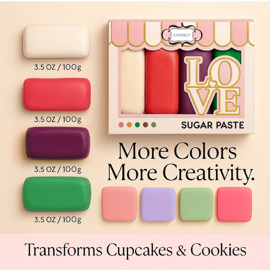 Confect Multipack of White, Hot pink, purple and Emerald green Sugarpaste 17 | Grocsy