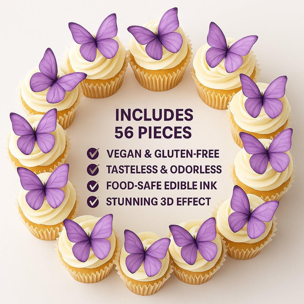 Confect Purple | Pack of 56 Edible Wafer Paper Butterflies | Grocsy