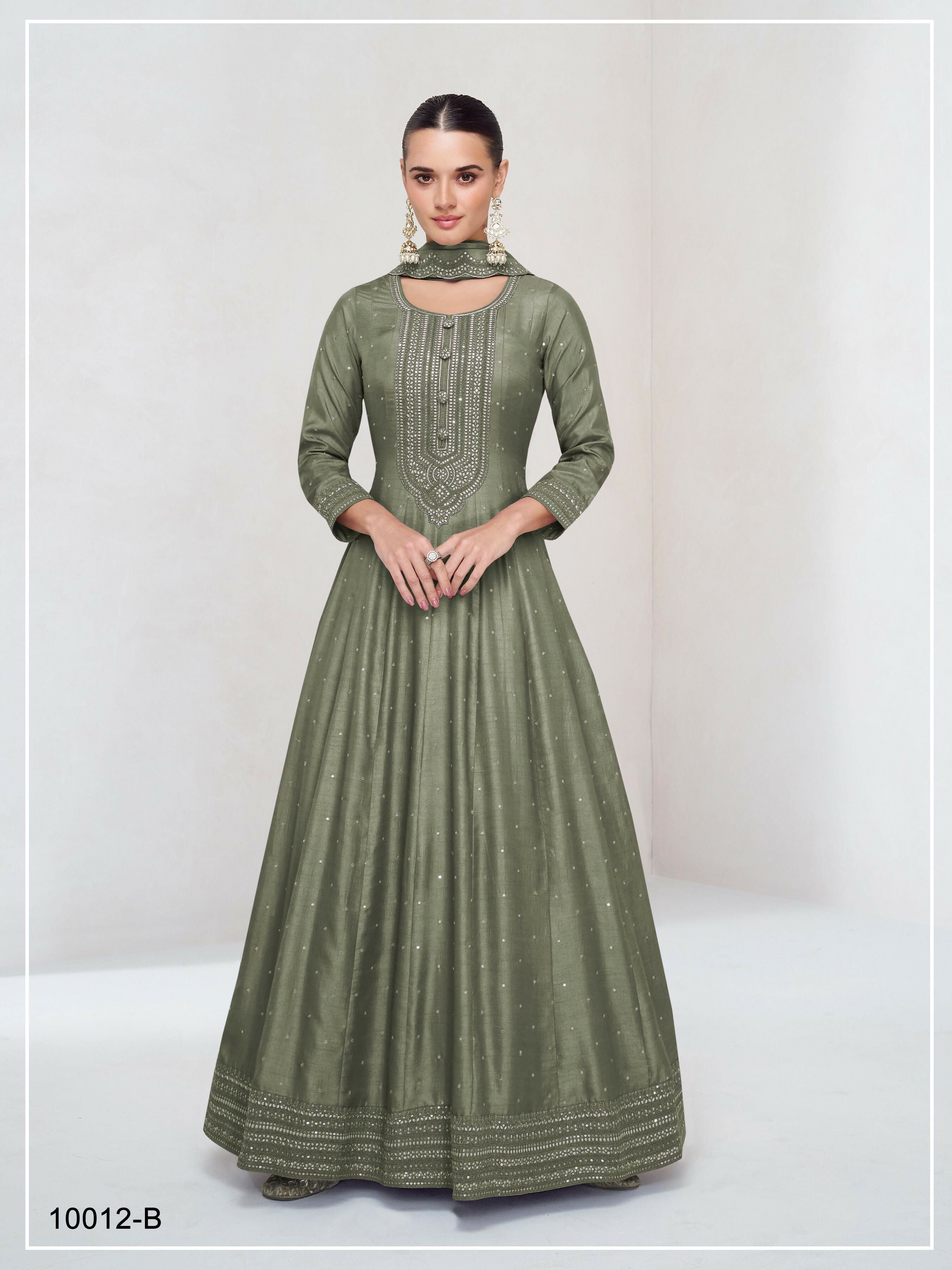 Teeya Creation Mehendi Color Heavy Vichitra Silk Embroidery Work Long Gown | Grocsy