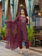Juniper Women's Wine Ethnic Motif Printed Muslin Kurta Set With Zari Work & Gota Patti | Grocsy