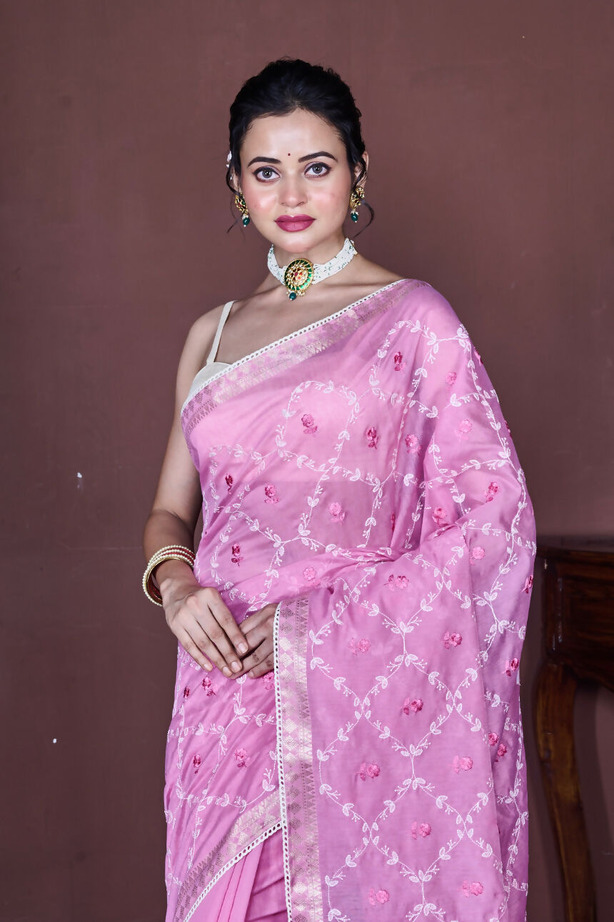 Morchari Pink Cotton Chanderi Embroidery Saree Unstitched Blouse | Grocsy
