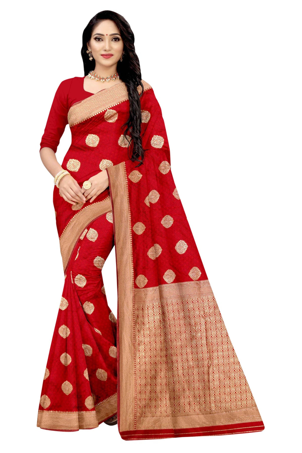 Vamika Red Weaving Banarasi Jacquard Saree | Grocsy