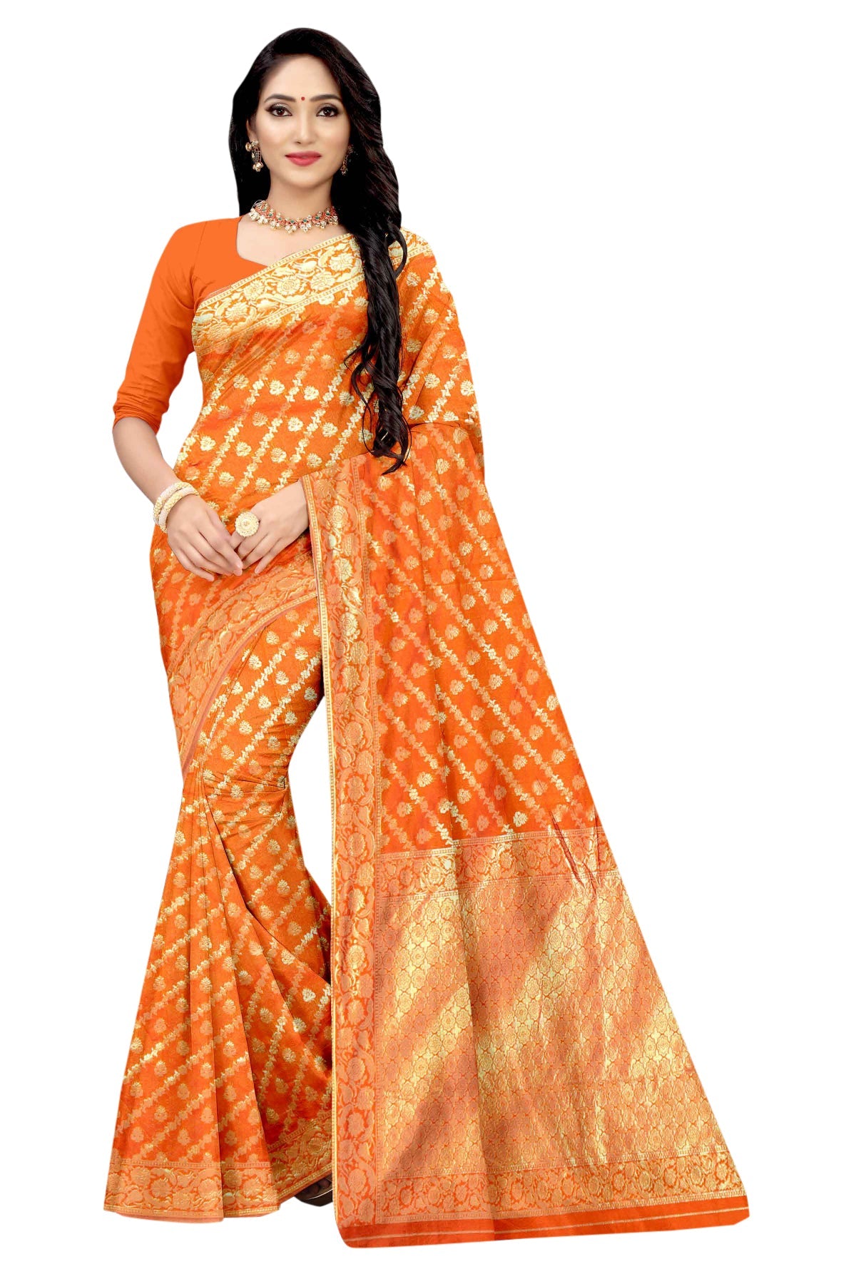 Vamika Orange Weaving Banarasi Jacquard Saree | Grocsy