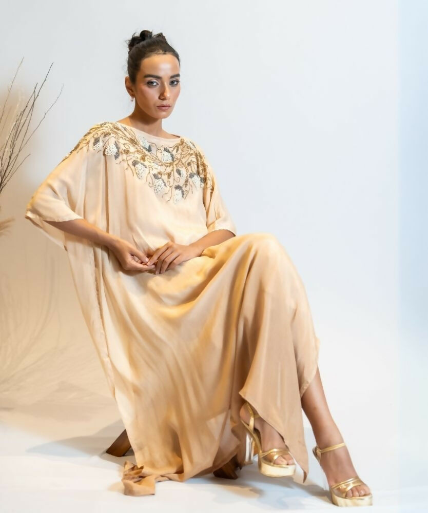 Timaraa Champagne Beige Ombre Embellished Georgette Kaftan Dress | Grocsy