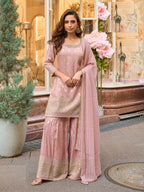 Aarshi Fashions Baby Pink Shimmer Silk Full Stitched Sharara Suits | Grocsy