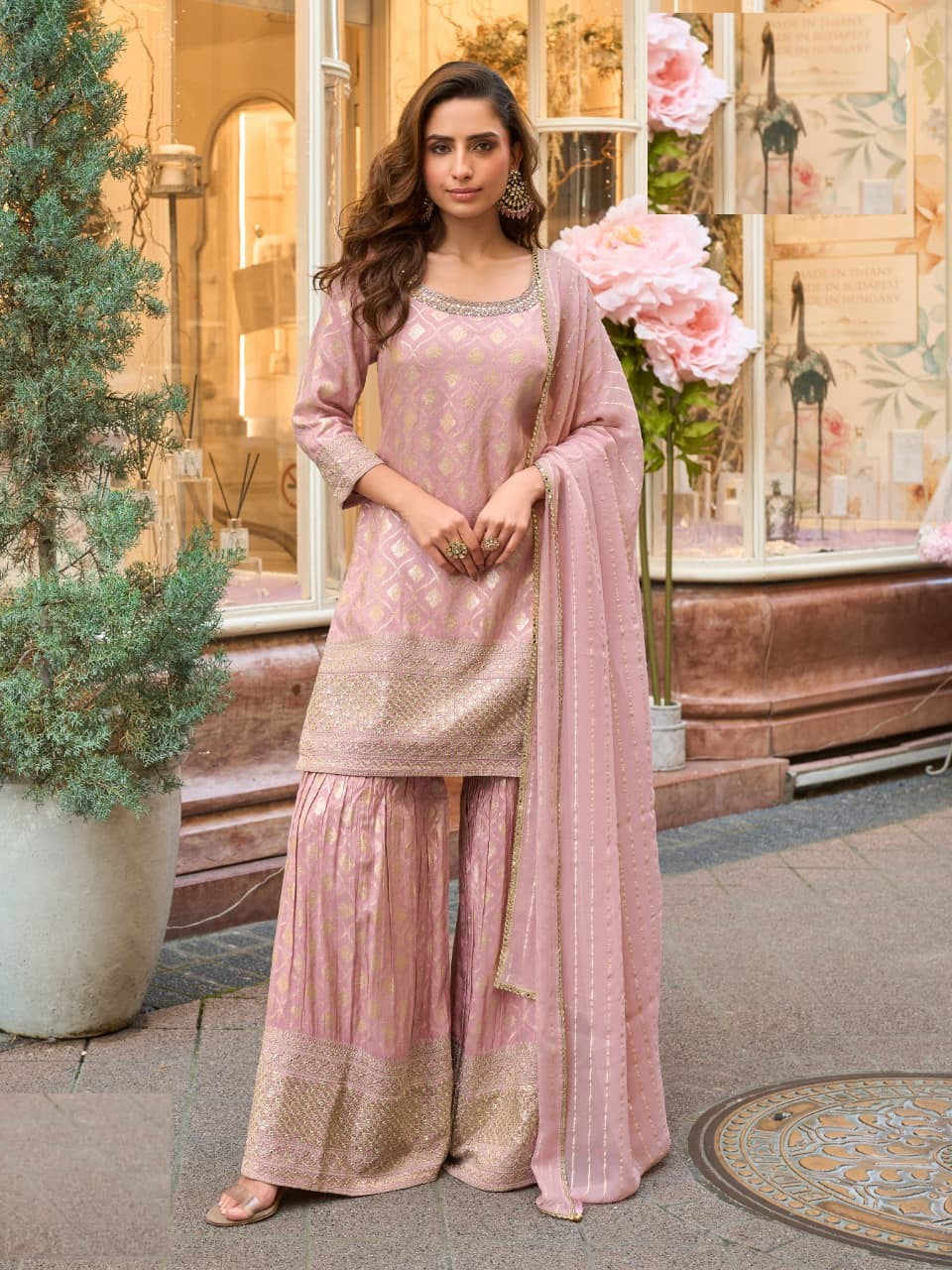 Aarshi Fashions Baby Pink Shimmer Silk Full Stitched Sharara Suits | Grocsy