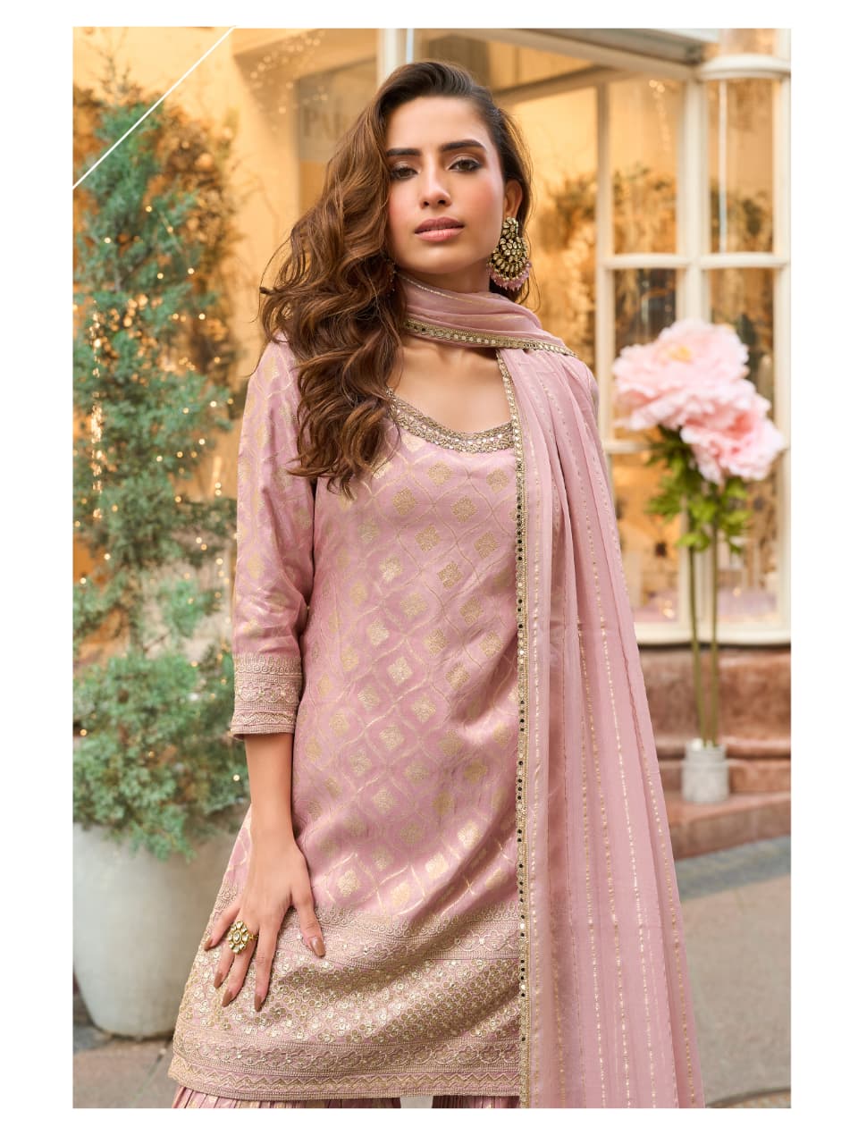 Aarshi Fashions Baby Pink Shimmer Silk Full Stitched Sharara Suits | Grocsy