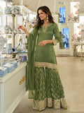 Aarshi Fashions Leaf Green Shimmer Silk Full Stitched Sharara Suits | Grocsy