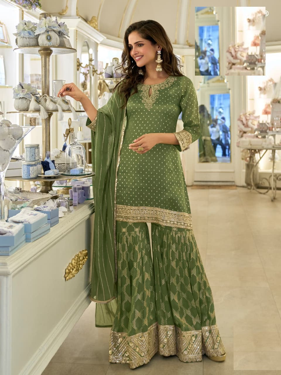 Aarshi Fashions Leaf Green Shimmer Silk Full Stitched Sharara Suits | Grocsy