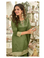 Aarshi Fashions Leaf Green Shimmer Silk Full Stitched Sharara Suits | Grocsy