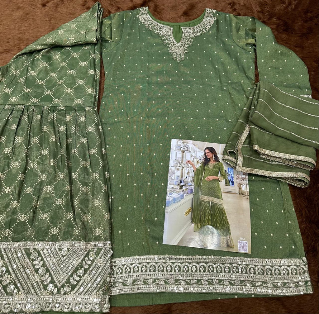 Aarshi Fashions Leaf Green Shimmer Silk Full Stitched Sharara Suits | Grocsy