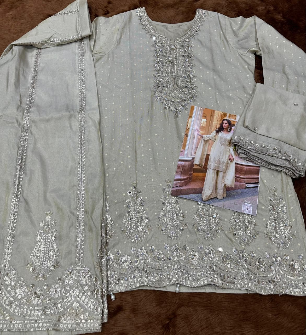 Aarshi Fashions Ivory Shimmer Silk Full Stitched Sharara Suits | Grocsy