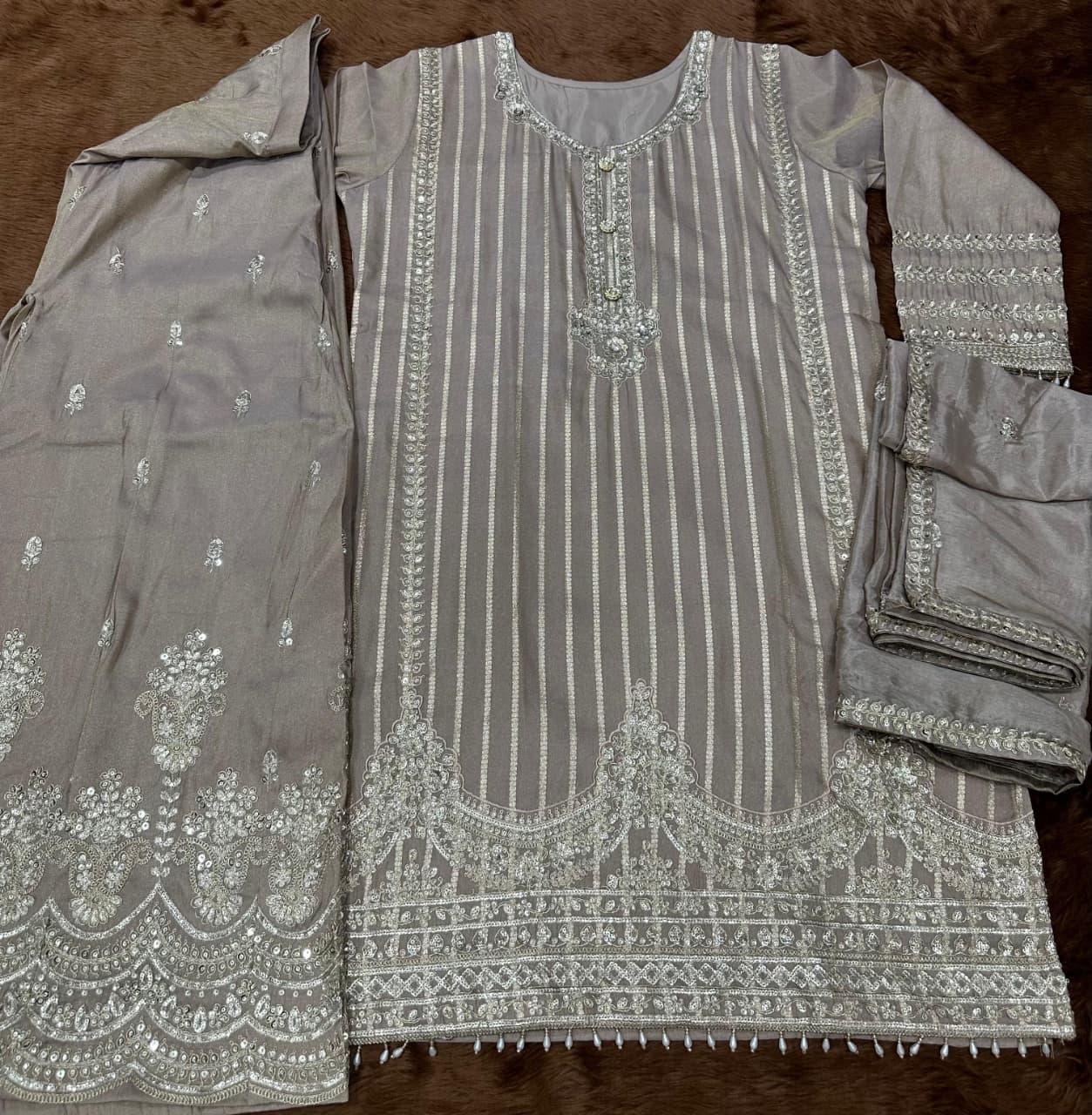 Aarshi Fashions Peach Shimmer Silk Full Stitched Sharara Suits | Grocsy