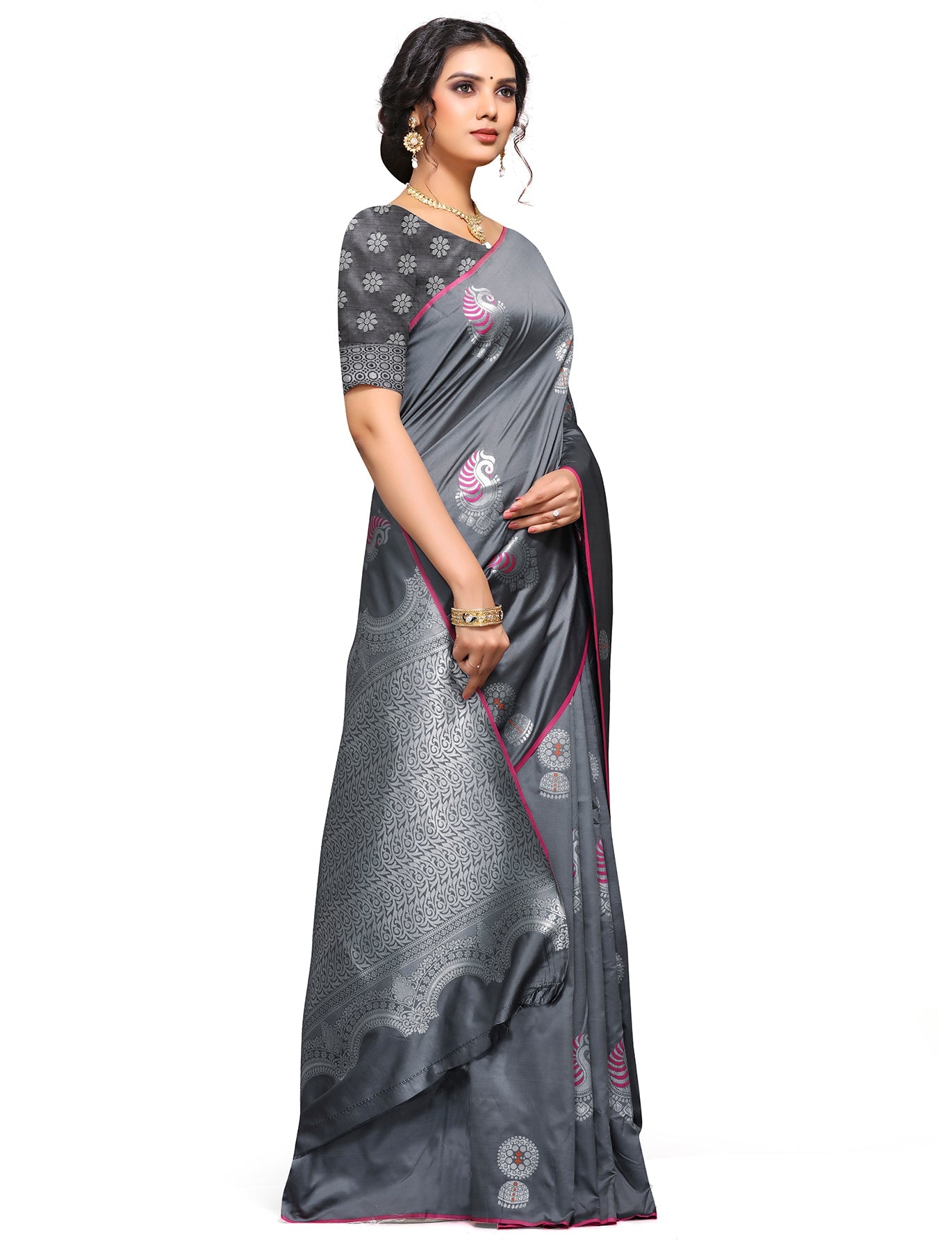Vamika Weaving Banarasi Jacquard Grey Kanjivaram Saree | Grocsy