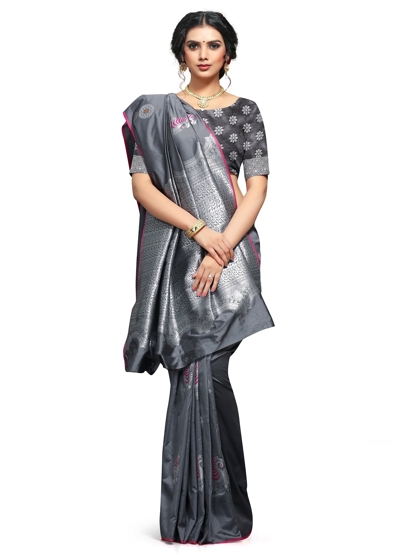 Vamika Weaving Banarasi Jacquard Grey Kanjivaram Saree | Grocsy