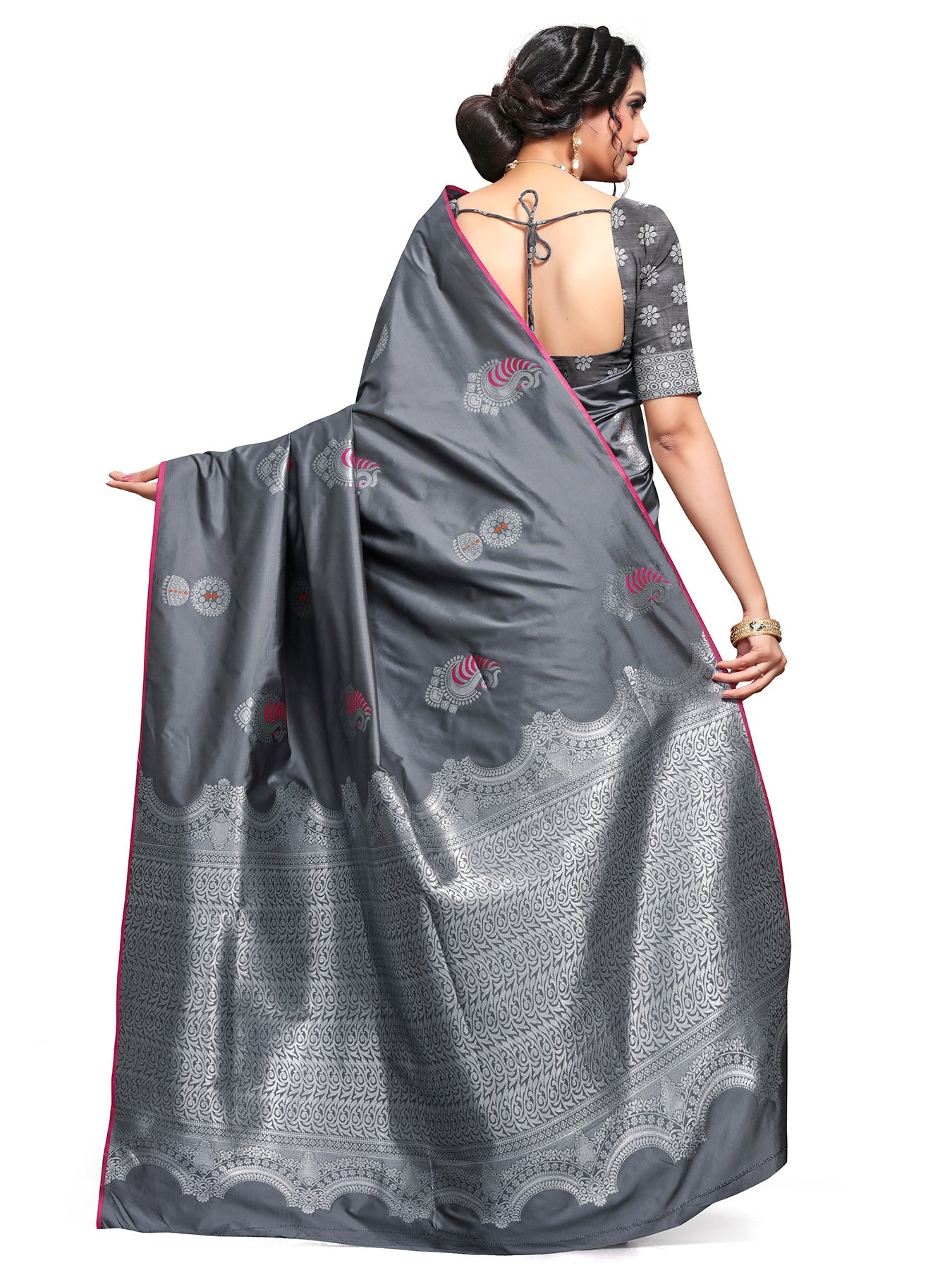 Vamika Weaving Banarasi Jacquard Grey Kanjivaram Saree | Grocsy