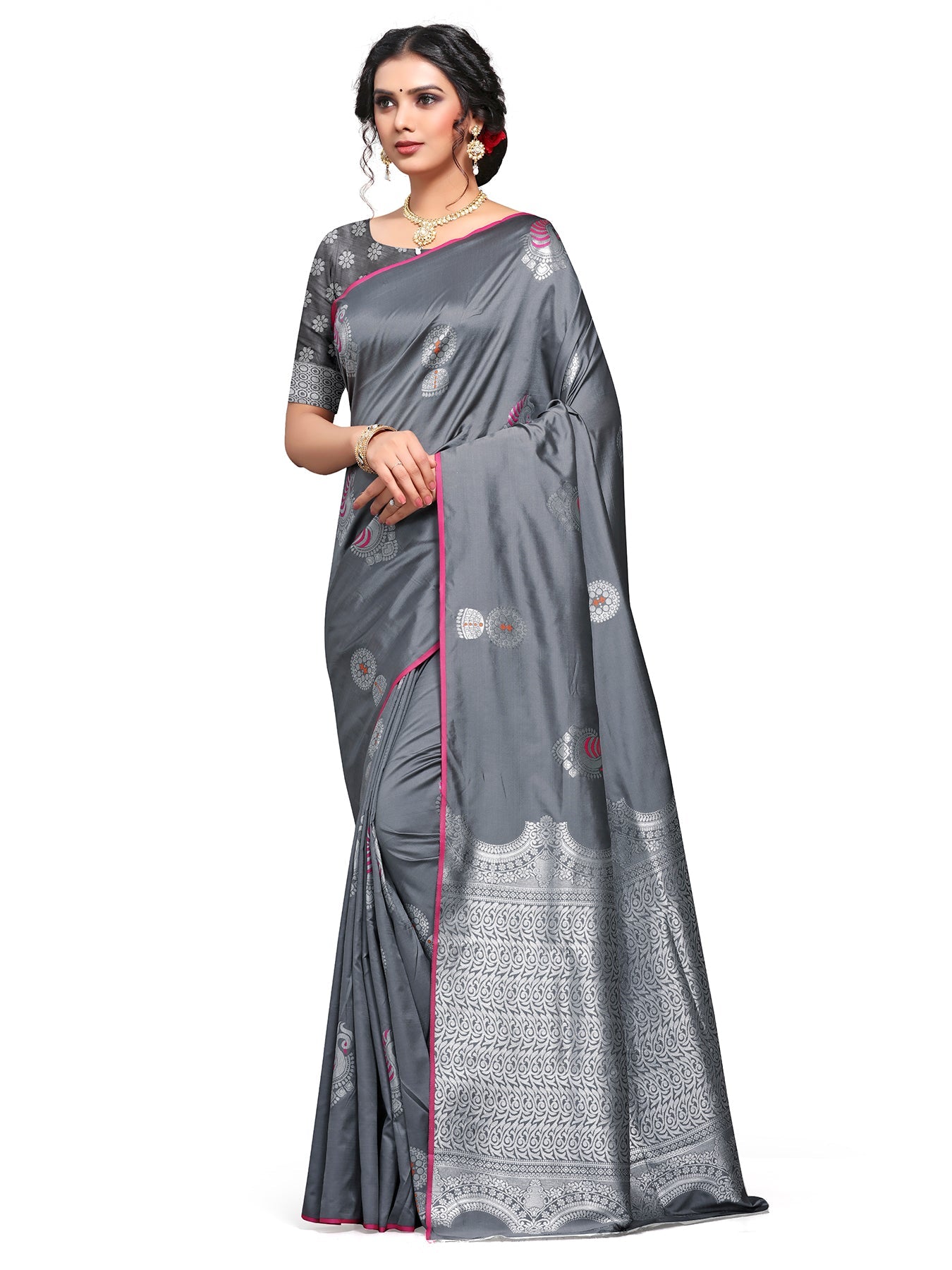 Vamika Weaving Banarasi Jacquard Grey Kanjivaram Saree | Grocsy