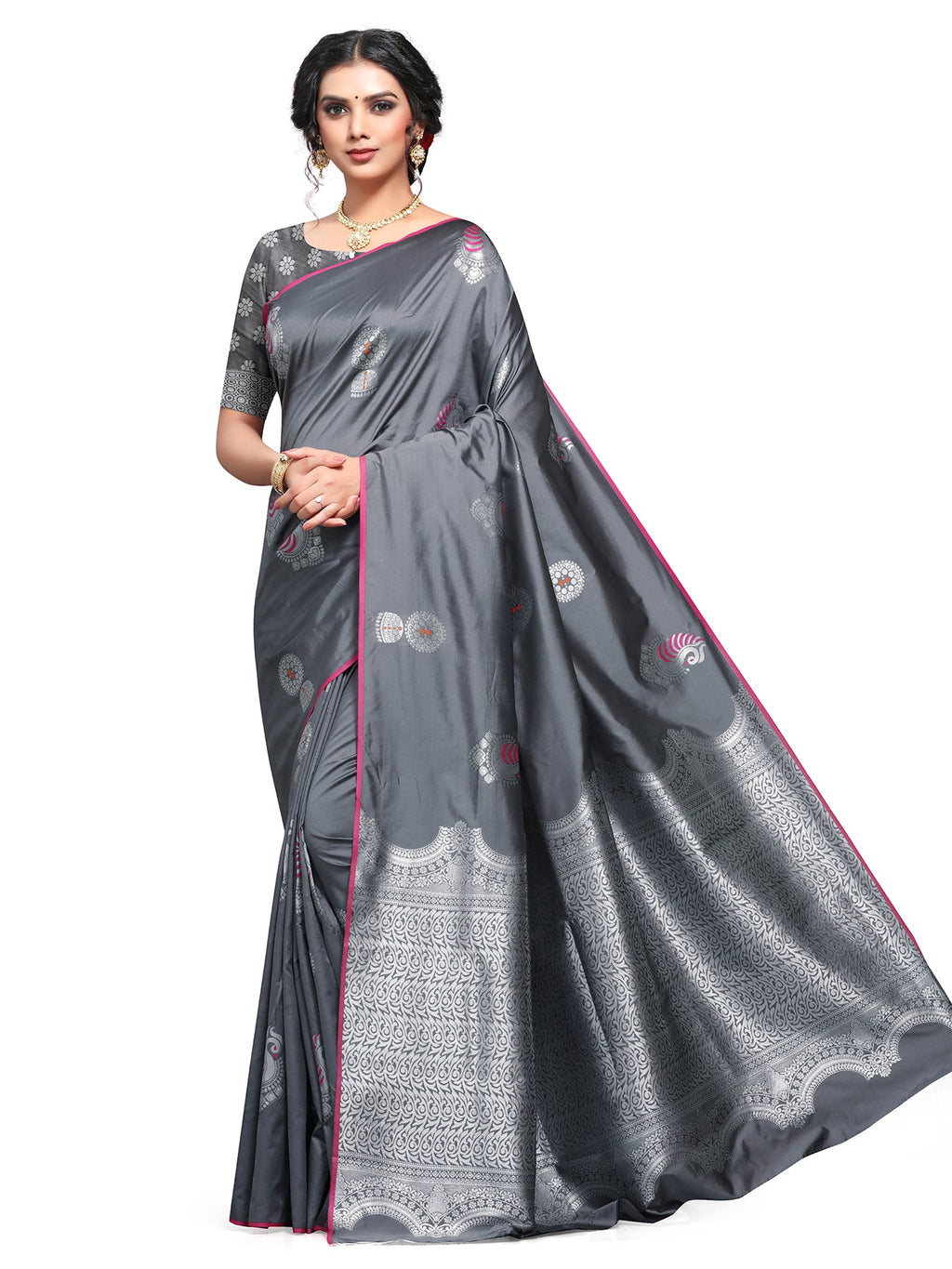 Vamika Weaving Banarasi Jacquard Grey Kanjivaram Saree | Grocsy