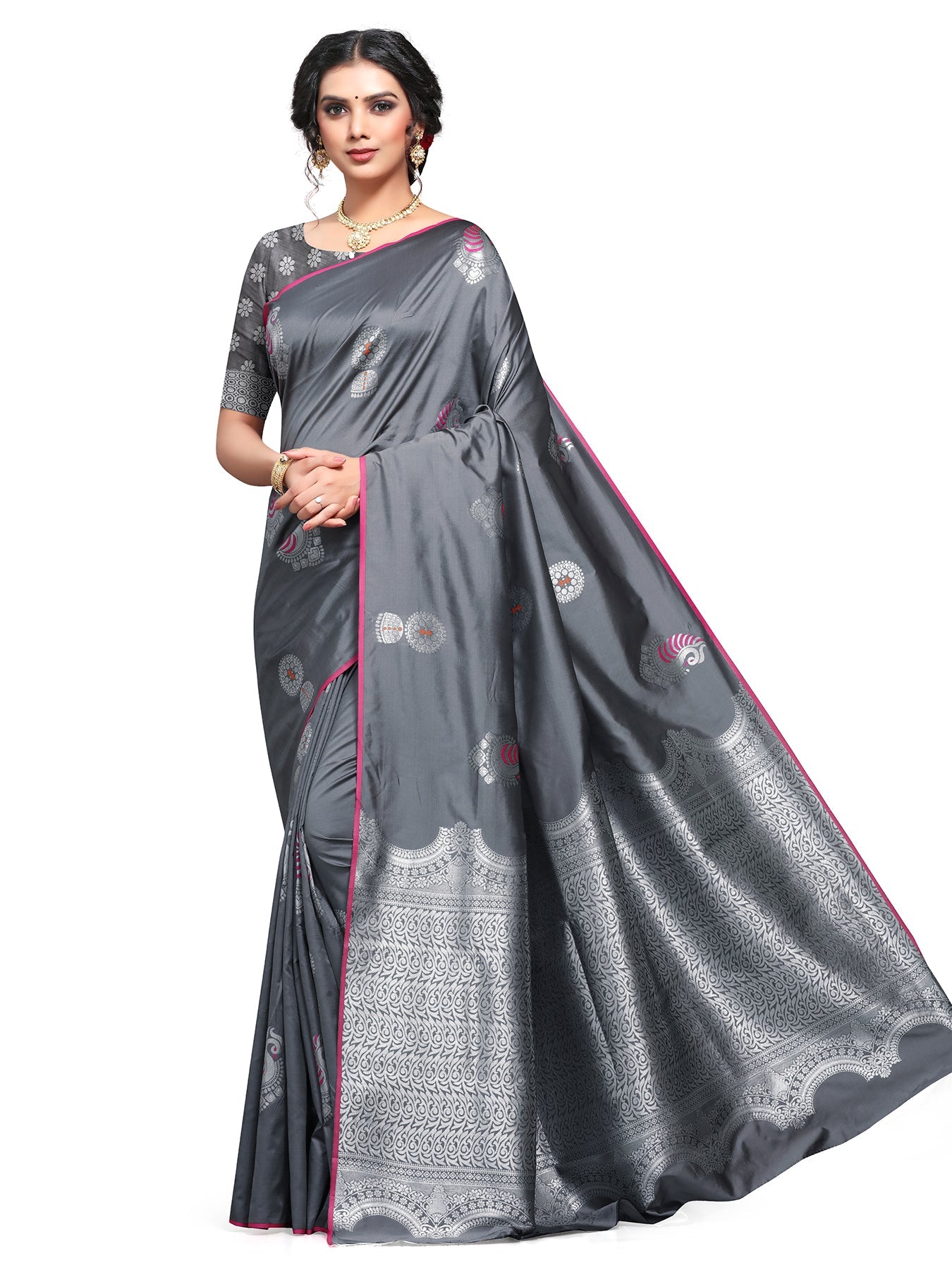 Vamika Weaving Banarasi Jacquard Grey Kanjivaram Saree | Grocsy