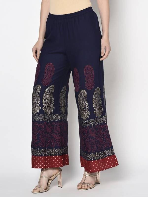 Aniyah Rayon Navy Blue Color Block Print Flared Slip-On Palazzo (AN-178K) | Grocsy