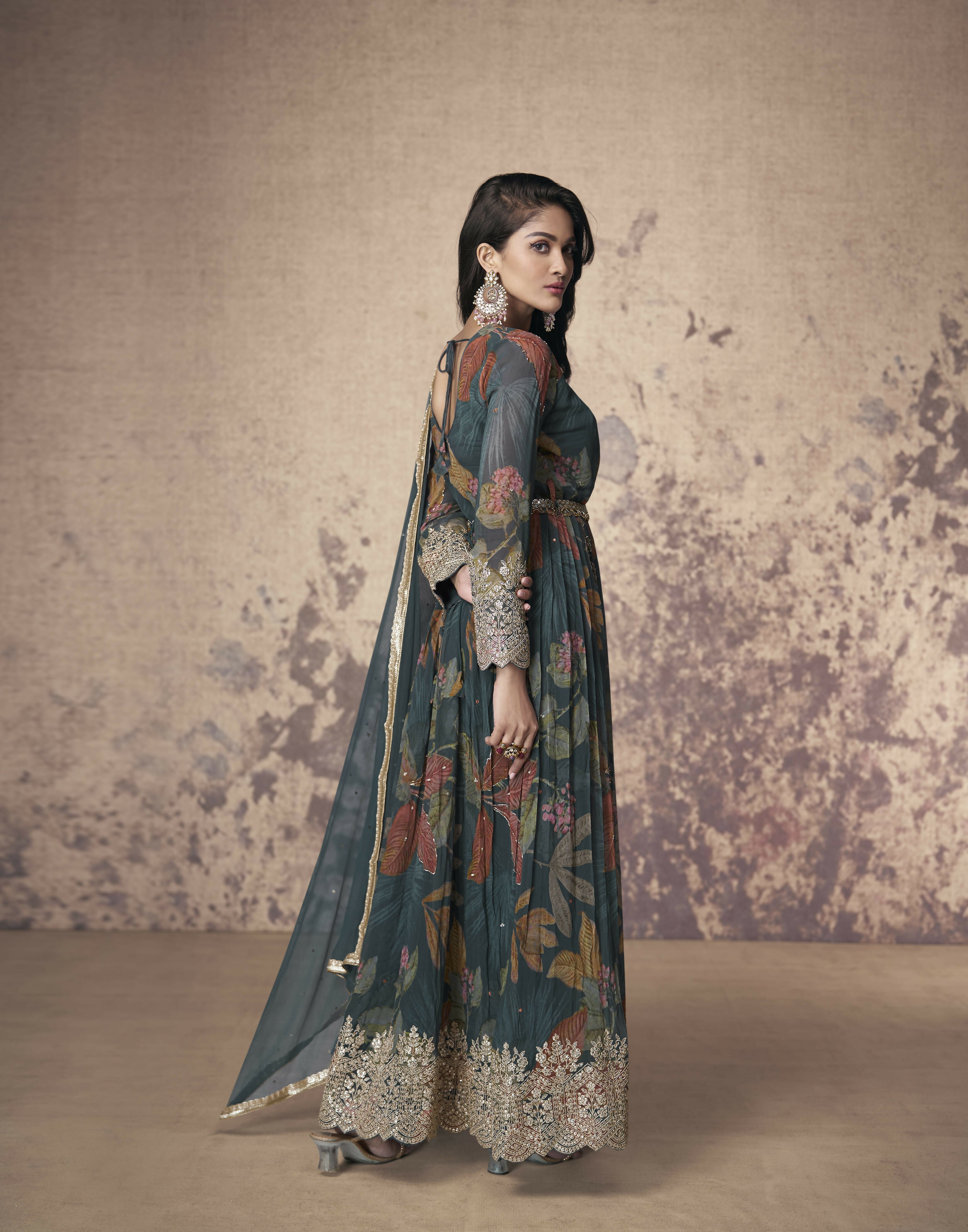 Vastranavya Georgette Digital Print With Sequence Embroidery Stitch Work Side Slit Abaya Style Suit | Grocsy