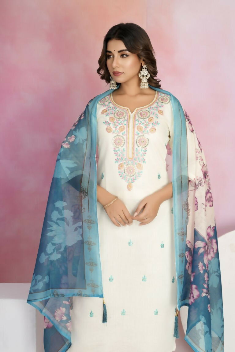 Ethnic Festive Wear Viscose Chanderi Off White Stitched Suit With Dupatta - Tanisha | Grocsy