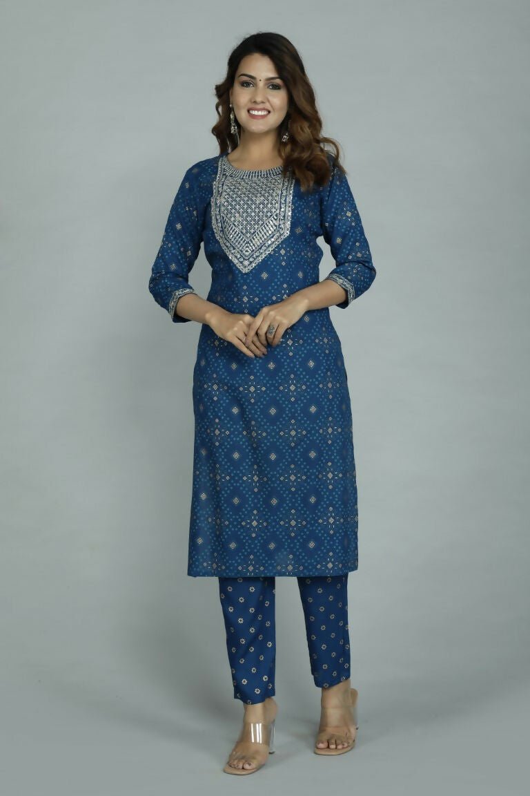 Alvano Printed Sequence Kurti with Pant and Dupatta set Rayon (Blue) | Grocsy