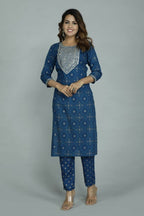 Alvano Printed Sequence Kurti with Pant and Dupatta set Rayon (Blue) | Grocsy