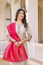 Festive Wear Ethnic White vetigun Stitched Suit With Dupatta - Nisha | Grocsy