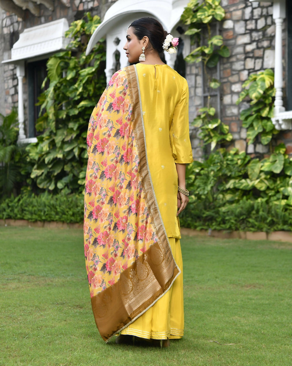 Vaasva Women's Silk Mustard Emboidered Solid Kurta, Sharara & Dupatta Set | Grocsy