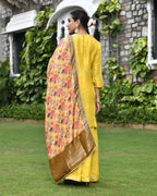 Vaasva Women's Silk Mustard Emboidered Solid Kurta, Sharara & Dupatta Set | Grocsy