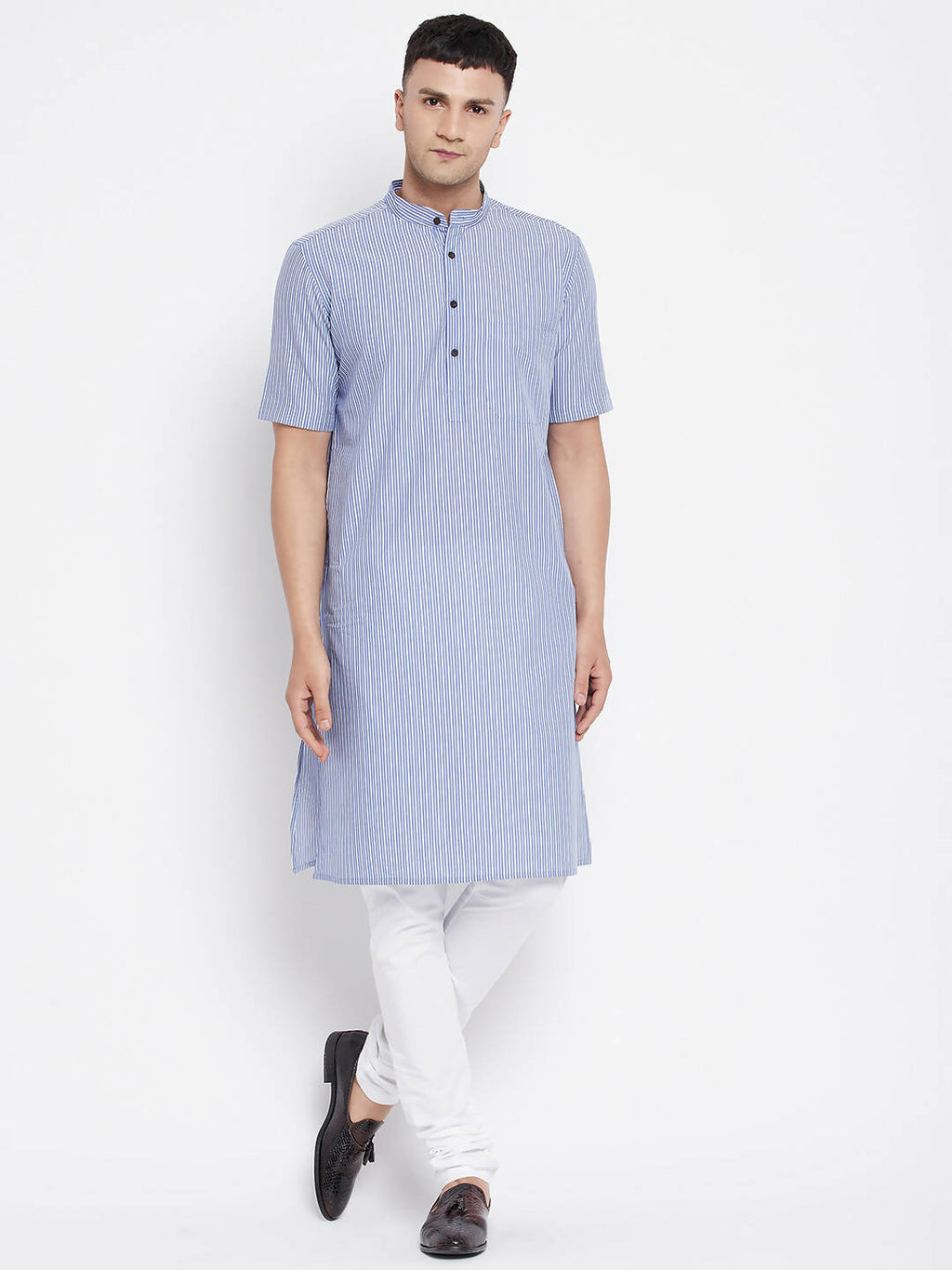 Even Apparels Blue Men's H/S Pure Cotton Kurta With Band Collar | Grocsy